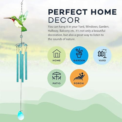Green Hummingbird Wind Chimes, Wind Chimes for Outdoor, 26" Glass Painted Mobile Romantic Chimes, Patio, Balcony, Garden Decoration, Gifts for Mom & Women