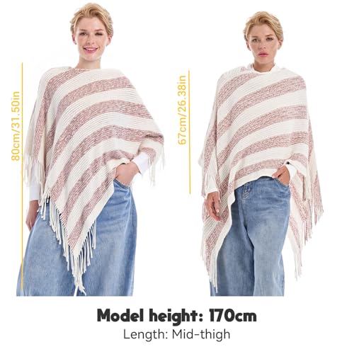 MissShorthair Knit Shawl Wraps for Women Boho Crochet Shawls Cape Open Front Cardigan - color: Beige Pink Striped
