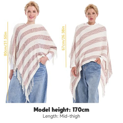 MissShorthair Knit Shawl Wraps for Women Boho Crochet Shawls Cape Open Front Cardigan - color: Beige Pink Striped