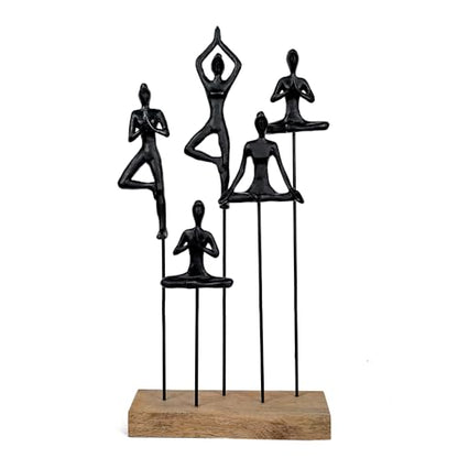 Decorative Yoga Figurines Sculpture, 20-Inch Height, Black Metal on Mango Wood Base, Tabletop Zen Art Decor, Meditation Room Accent