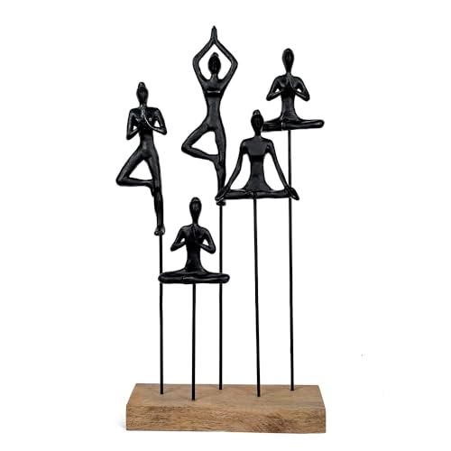 Decorative Yoga Figurines Sculpture, 20-Inch Height, Black Metal on Mango Wood Base, Tabletop Zen Art Decor, Meditation Room Accent