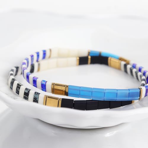 Tila Beaded Stretch Strand Bracelets for Women, Cute Boho Stackable Handmade Colorful Mixed Flat Square Beads Elastic Beach Surfer Bracelet Trendy Jewelry Friend Gift - color: 0901G