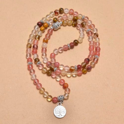 Tree of Life Charm Bracelet or Necklace - 108 Buddha Beads, Handmade Mala Meditation Jewelry, Prayer Beads for Yoga - style: Watermelon Tourmaline