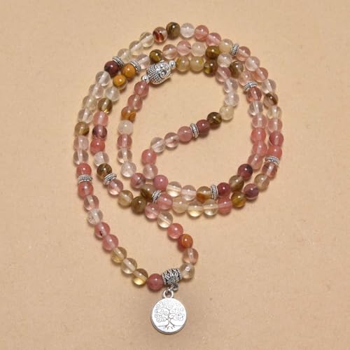 Tree of Life Charm Bracelet or Necklace - 108 Buddha Beads, Handmade Mala Meditation Jewelry, Prayer Beads for Yoga - style: Watermelon Tourmaline