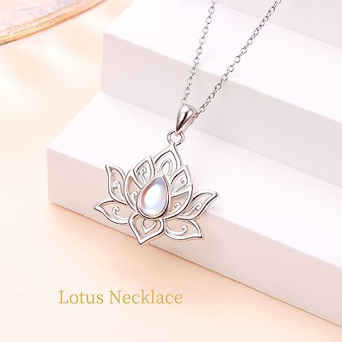 Lotus Neckalces for Women 925 Sterling Silver Moonstone/Turquoise Lotus Pendant for Girls Anxiety Stress Relieving Birthday Yoga Gifts - style: Moonstone Lotus