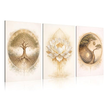Bnesi 3-Piece Zen Wall Art Set Tree of Life & Lotus Flower Wall Art Large Wall Art for Living Room Tree Art & Tree of Life Wall Art Ideal Artwork for Walls Stylish Wall Decor Art (Classic)
