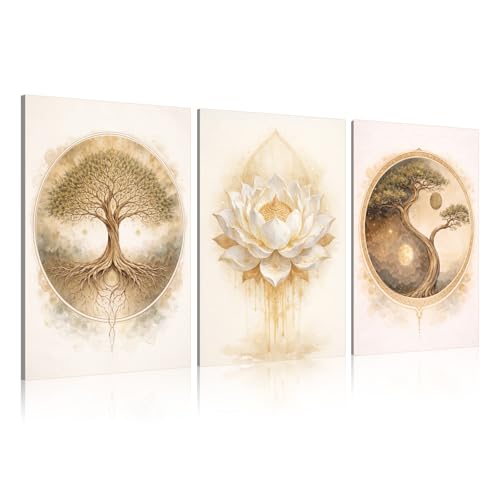 Bnesi 3-Piece Zen Wall Art Set Tree of Life & Lotus Flower Wall Art Large Wall Art for Living Room Tree Art & Tree of Life Wall Art Ideal Artwork for Walls Stylish Wall Decor Art (Classic)