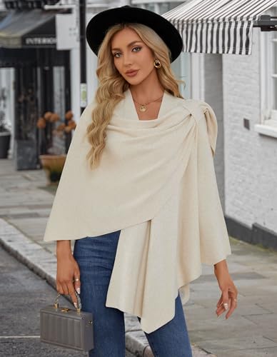 PULI Womens Large Cross Front Poncho Sweater Wrap Topper Knitted Elegant Shawls Cape for Fall Winter - color: Barley Twist (Beige)