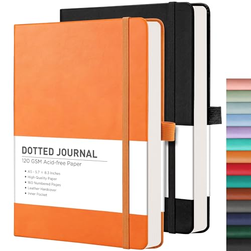 RETTACY Dotted Journal Notebook, 2-Pack, 160 Numbered Pages per Pack, A5 Medium Size (5.7'' x 8.3''), 120 GSM Thick Paper, Leather Hardcover, for Journaling, Planning, Tracking (Black & Orange) - color: Black & Orange, style: Dotted