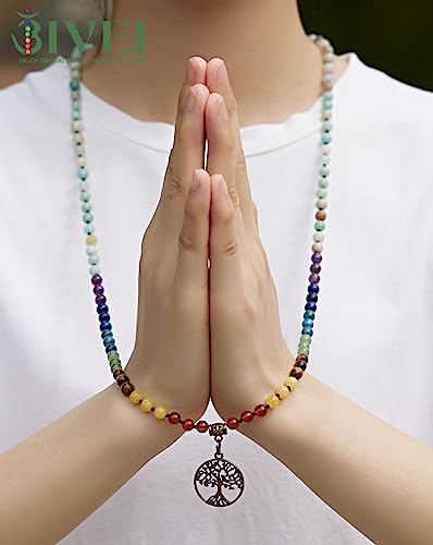 Bivei 7 Chakra 108 Mala Beads Bracelet Real Gemstone Yoga Meditation Hand Knotted Mala Prayer Bead Necklace - size: 6mm, style: Life Tree - Amazonite