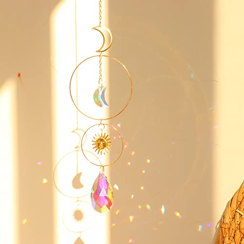 ilclviz Suncatcher Crystal Hanging Sun Catcher Prism with Chain Pendant Ornament Crystal Balls for Window - color: Gold B
