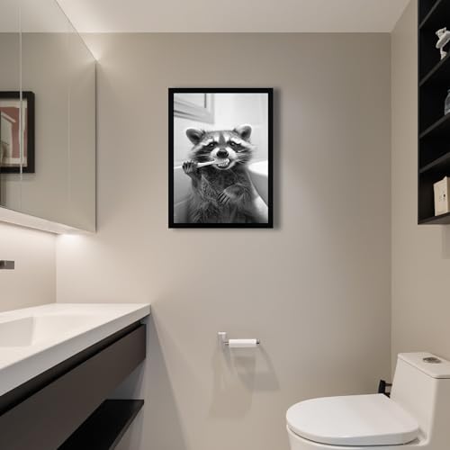 SYWENNOI Framed Black and White Bathroom Canvas Wall Art, Funny Raccoon Brushing Teeth Wall Decor, Farmhouse Humor Animal Art Prints for Restroom Decoration Ready to Hang 16x24 Inches