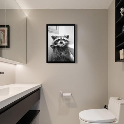 SYWENNOI Framed Black and White Bathroom Canvas Wall Art, Funny Raccoon Brushing Teeth Wall Decor, Farmhouse Humor Animal Art Prints for Restroom Decoration Ready to Hang 16x24 Inches