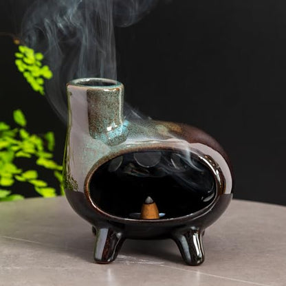 MOUGIGI Handcrafted Ceramic Palo Santo Holder Burner with Green Glaze - Modern Footed Pottery Incense Chimney Dish - Great for Meditation - Wood Sticks, Sage, Ash Catcher Bowl, Cone Compatible. - color: Glazed Ceramics -Footed Black and Green