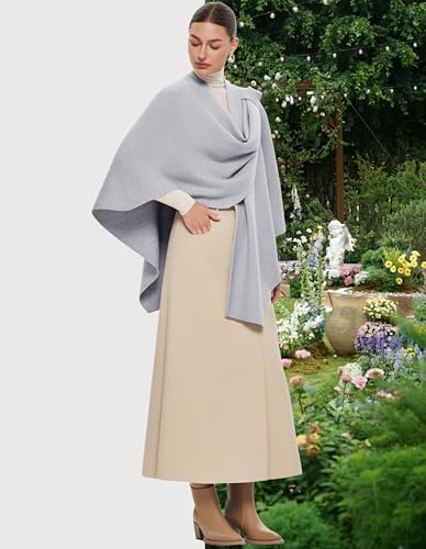 PULI Womens Large Cross Front Poncho Sweater Wrap Topper Knitted Elegant Shawls Cape for Fall Winter - color: Extra Warm Heather Grey