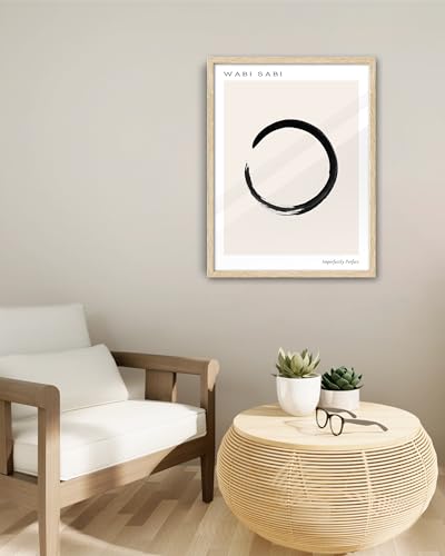 EcoHest Framed Wall Art Zen Buddhism Wabi Sabi Abstract Enso Symbol, 16x20 in OAK Wood Minimalist Japandi Ink Stroke Canvas Wall Art, Mindfulness Meditation Bedroom Set of 1 For Living Room