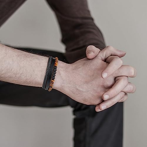 Leather Bead Bracelets for Men, Natural Tiger Eye Lava Rock Stone Bead Magnetic Clasp Adjustable Leather Bracelets Stress Relief Mens Anxiety Bracelet Mens Jewelry Gifts - style: Black Leather-Tiger Eye&Lava Rock