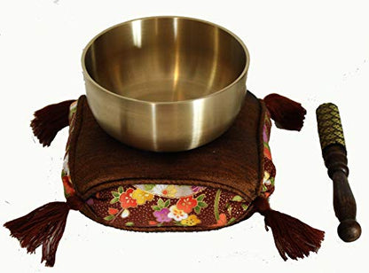 Meditation Accessory Japanese Rin Gong Singing Bowl Set 4.2" dia with Cushion & Brocade Striker - Brown Gold - color: 4.2" Brown Gold Brocade