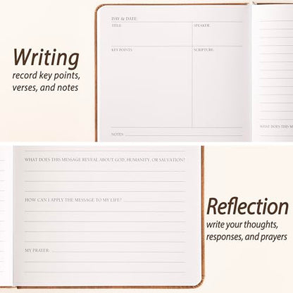 Sermon Notes Notebook with Pen & Gift Box, Guided Church Bible Journal for Christians, A5 Leather with Gold Cross | 240 Thick Pages for Study, Reflections & Prayer Notes, Pastor Gifts