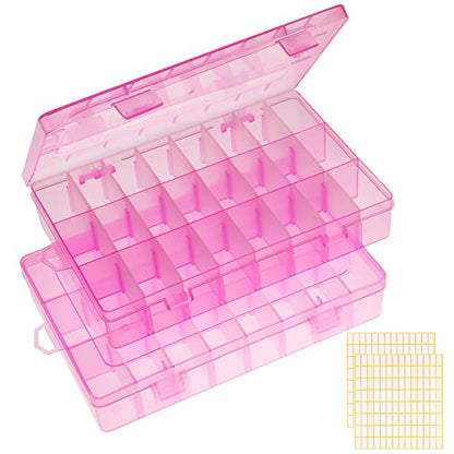 2 Pack 24 Grids Pink Plastic Organizer Box, Storage Container with Adjustable Divider, Craft Organizers and Storage Bead Storage Organizer Box for DIY Jewelry Tackles with 2 Sheets Label Stickers