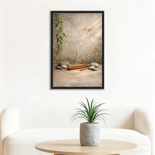 Framed Zen Incense and Stones Poster Canvas Print Art Rustic Minimalist Aesthetic Wall Art Painting Pictures Wall Decor Elegant Home Decor for Living Room Bedroom Office Decoration (Black framed,16L"X24W")