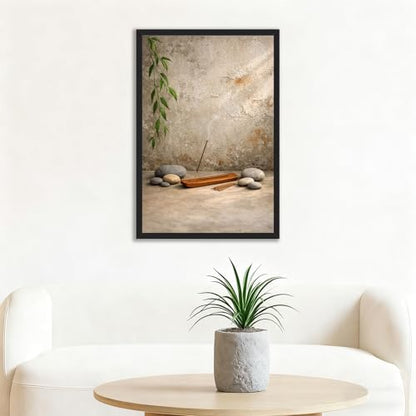 Framed Zen Incense and Stones Poster Canvas Print Art Rustic Minimalist Aesthetic Wall Art Painting Pictures Wall Decor Elegant Home Decor for Living Room Bedroom Office Decoration (Black framed,16L"X24W")