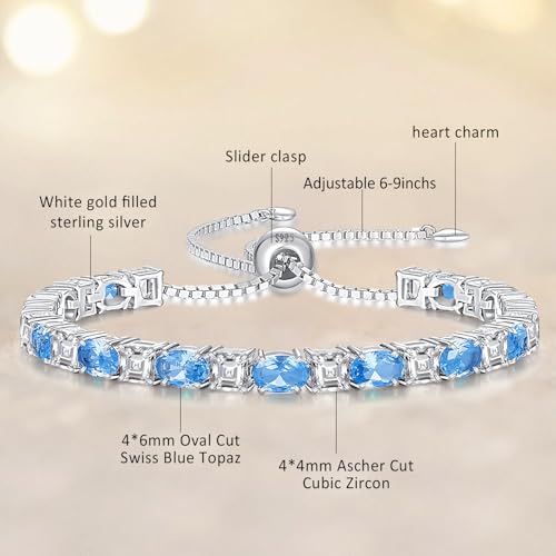 Sterling Silver Birthstone Bracelets for Women White Gold Tennis Bracelets Adjustable Chain 6-9 Inchs Jewelry Hypoallergenic Anniversary Birthday Gifts for Women Mom Wife Her - color: 12-Swiss Blue Topaz