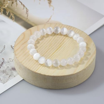 Natural Gemstones Bracelet 8mm Chakra Round Beads Energy Power Crystal Reiki Healing Elastic Stretch 7 Inch for Women Men Unisex - color: Selenite