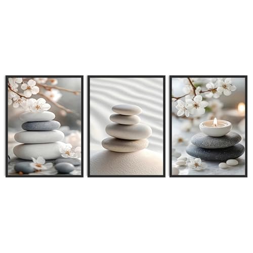 Dazzlewall 3Pcs Japanese Zen Wall Art Set, Balance Stones & Cherry Blossom Pictures for Yoga Spa Living Room Decor 12x16 in Unframed
