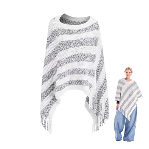 MissShorthair Knit Shawl Wraps for Women Boho Crochet Shawls Cape Open Front Cardigan - color: Gray White Striped