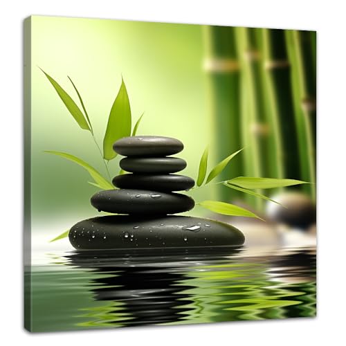 TIEHAOMAI Zen Canvas Wall Art Green Bamboo Stones Paintings Spa Stones Meditation Picture Prints for Gallery Corridor Decor（Zen-5,18x18inch (45x45cm)