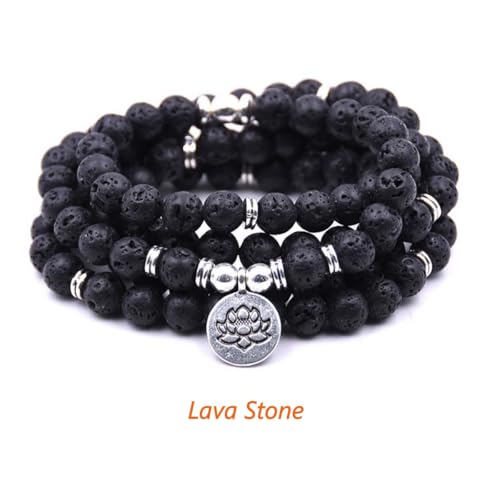 108 Mala Beads Bracelet Necklace - Gemstone Prayer Beads with Lotus Charm for Meditation & Yoga - style: Lava Stone