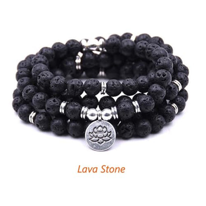 108 Mala Beads Bracelet Necklace - Gemstone Prayer Beads with Lotus Charm for Meditation & Yoga - style: Lava Stone