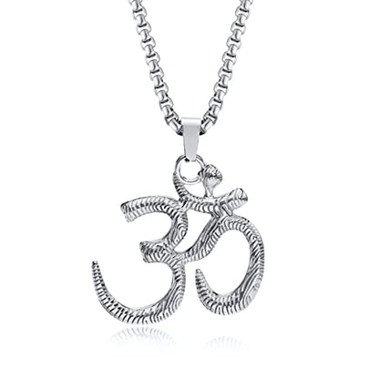 Stainless Steel Om Necklace for Men Women, gold plated/Silver/Black Yoga Charm Pendant Necklaces Aum Om Ohm Sanskrit Symbol Hindu Meditation Chain Necklace,Mens Womens Jewelry Gifts - color: Silver