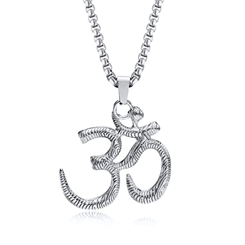 Stainless Steel Om Necklace for Men Women, gold plated/Silver/Black Yoga Charm Pendant Necklaces Aum Om Ohm Sanskrit Symbol Hindu Meditation Chain Necklace,Mens Womens Jewelry Gifts - color: Silver