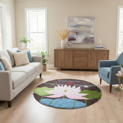 Handmade Lotus Applique Meditation Rug, Round Quilted Floor Mat, 43.3 Inch Cotton Patchwork Decor Rug for Yoga, Zen Space & Living Room