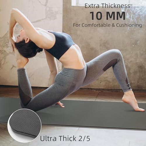 PAIDU Yoga Mat Non Slip Anti-tear,extra thick-2/5 inch（10MM）High Resiliency Professional POE Yoga Mats for Women Men Kids,72"x24"inch,Workout, Yoga, Pilates and Floor Exercise, with Carrier Strap - color: Grey+Black.