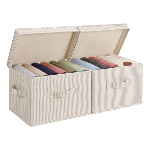 StorageWorks Fabric Storage Bins with Lid, Decorative Storage Boxes for Shelves, Stackable Closet Organizer Basket with Handles, Medium, Khaki and Beige Stripes, 2-Pack - color: Khaki and Beige Stripes, size: Medium