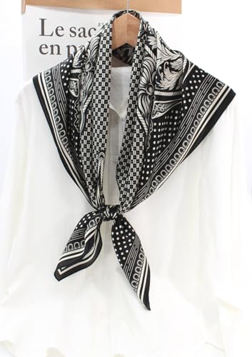 ANDANTINO 100% Pure Mulberry Silk Scarf 35" Large Square Lightweight Headscarf –Women’s Hair Wraps-With Gift Packed - color: Black & Creamy White