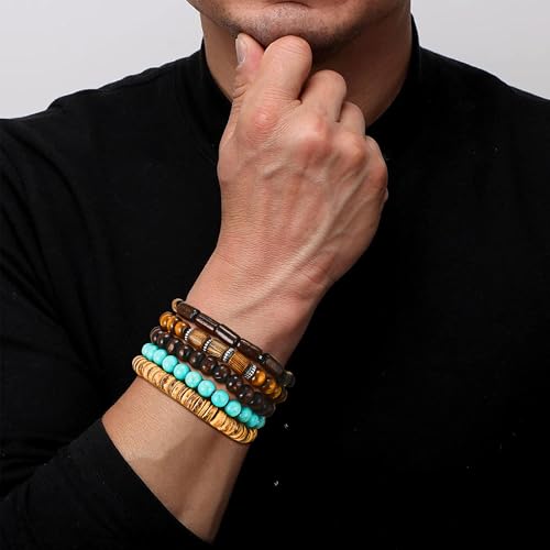 31 Pcs Wooden Beads Bracelets Set for Women Men Multi-Layered Wood Metal Wristbands Elastic Stretch Bohemian Bangle Bracelet Stack Adjustable