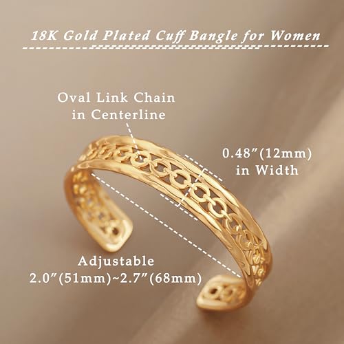 18K Gold Plated Open Cuff Bangle for Women Statement Brushed/Hammered/Textured Bracelet Layering Jewelry Love Gift for Her - style: Hard Oval Chain Bangle