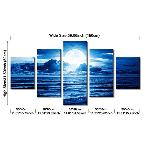 Pyradecor Blue Clouds Modern 5 Panels Moon Sea Beach Canvas Wall Art Large Gallery Wrapped Landscape Giclee Canvas Prints Pictures Artwork Paintings for Living Room Bedroom Home Decorations L - size: 12x16inchx2pcs,12x24inchx2pcs,12x32inchx1pc