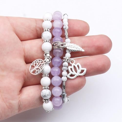 Tree of Life Yoga Healing Stone Bracelets,Multilayer Lotus Chakra Stone Reiki Bracelet Sets,Anxiety Crystal Natural Stone,for Women Stress Relief - style: White turquoise+Purple Jade