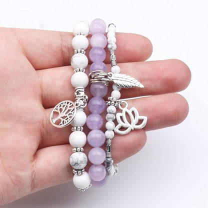 Tree of Life Yoga Healing Stone Bracelets,Multilayer Lotus Chakra Stone Reiki Bracelet Sets,Anxiety Crystal Natural Stone,for Women Stress Relief - style: White turquoise+Purple Jade