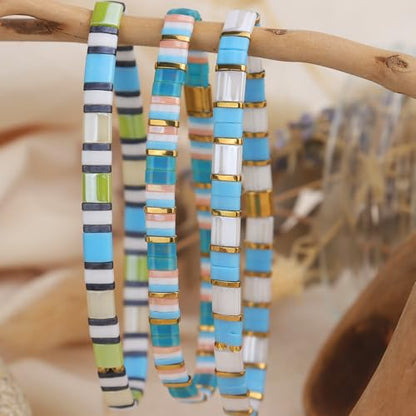 Tila Flat Beaded Stretch Bracelets for Women, Trendy Unique Handmade Stackable Green Blue Square Beads Miyuk Link Bracelet Summer Jewelry Gift - color: Turquoise Green