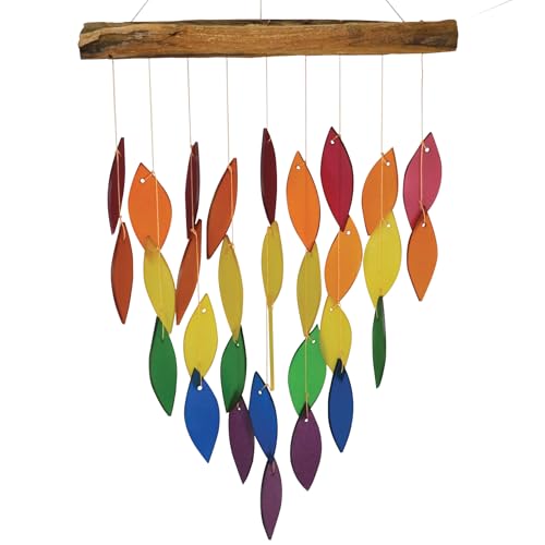 Blue Handworks Rainbow Waterfall Glass and Driftwood Chime, Sandblasted Glass and Found Wood Handcrafted Wind Chime