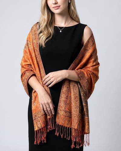 Achillea Reversible Paisley Pashmina Rave Scarf – Exotic Indian Shawls and Wraps for Evening Dresses, Festivals, All Seasons - color: Orange