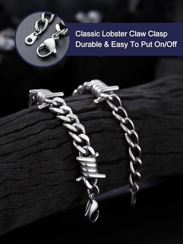 Bandmax Barbed Wire Chain Bracelets for Men Women Stainless Steel/Black/Gold Thorn Cuban Link Bracelet Adjustable Punk Emo Style Jewelry Gift - color: 01 9MM-Silver Tone