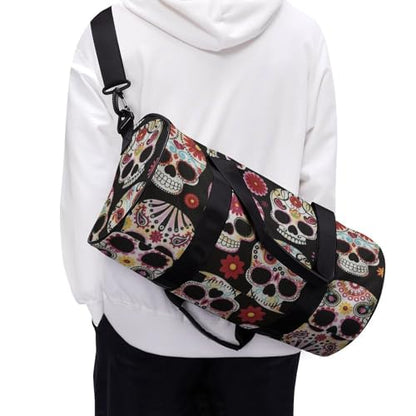 Sugar Skull Art Cylindrical Portable Fitness Bag, Large Capacity Handbag - color: Sugar Skull art