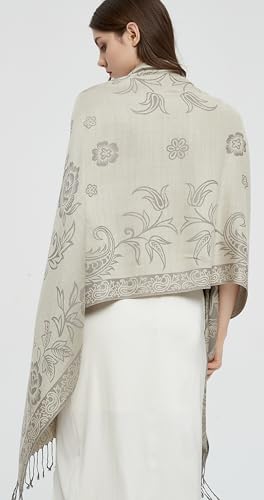 Pashmina Shawl Wrap with Ethnic Paisley Two Tone Jacquard Scarf for Women - color: Paisley-cream